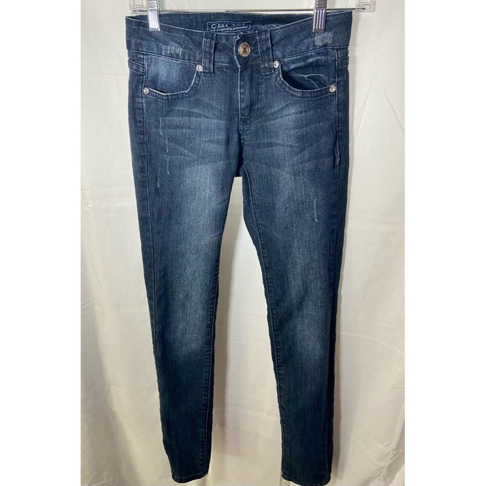 Cest Toi Pants Women 1 Blue Denim Slim Skinny Pockets Rhinestone 26x30.